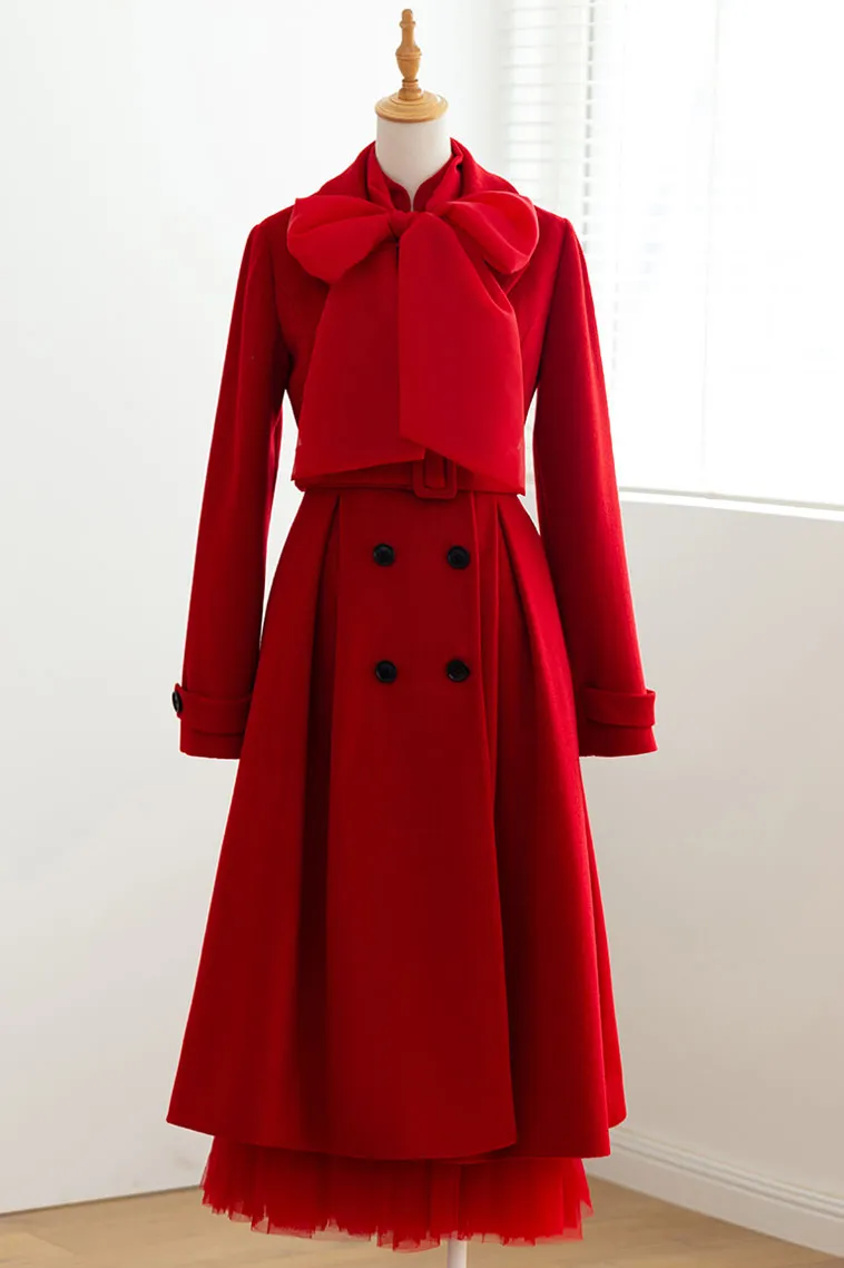 Red Belt Long Wool Coat 3737