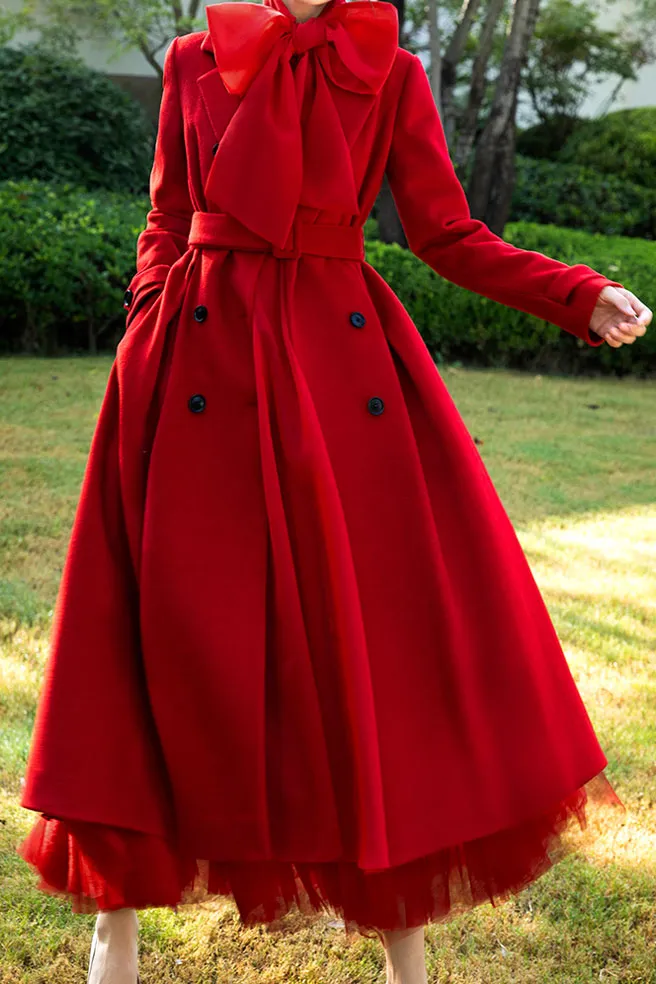 Red Belt Long Wool Coat 3737