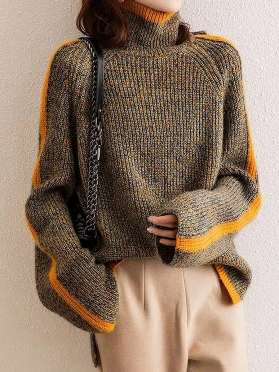 Retro Contrast Turtleneck Knitted Sweater