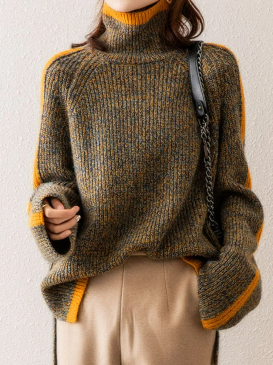 Retro Contrast Turtleneck Knitted Sweater