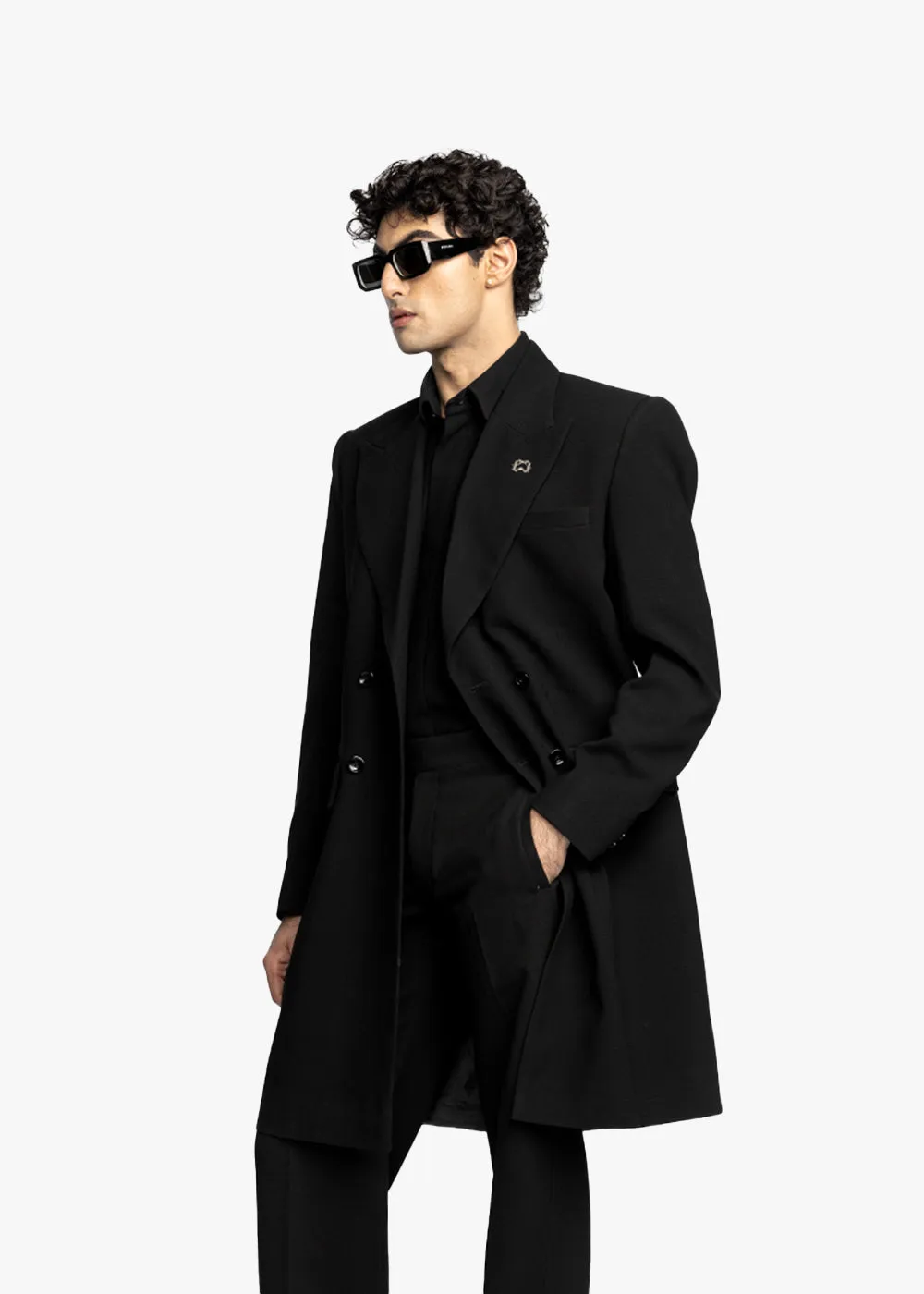 RICHES DOUBLE BREASTED OVERCOAT - BLACK