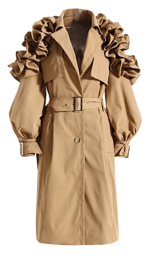 Ruffle Trim Statement Trench  Coat Khaki