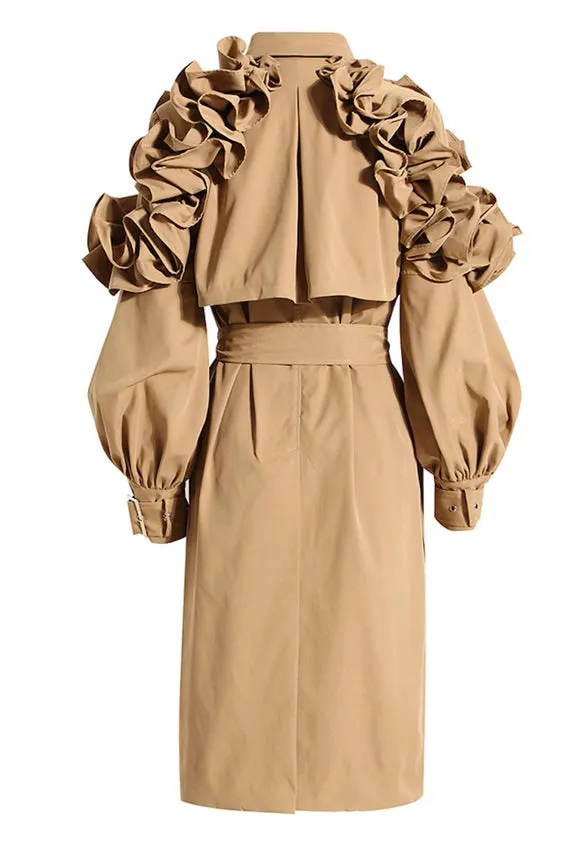 Ruffle Trim Statement Trench  Coat Khaki