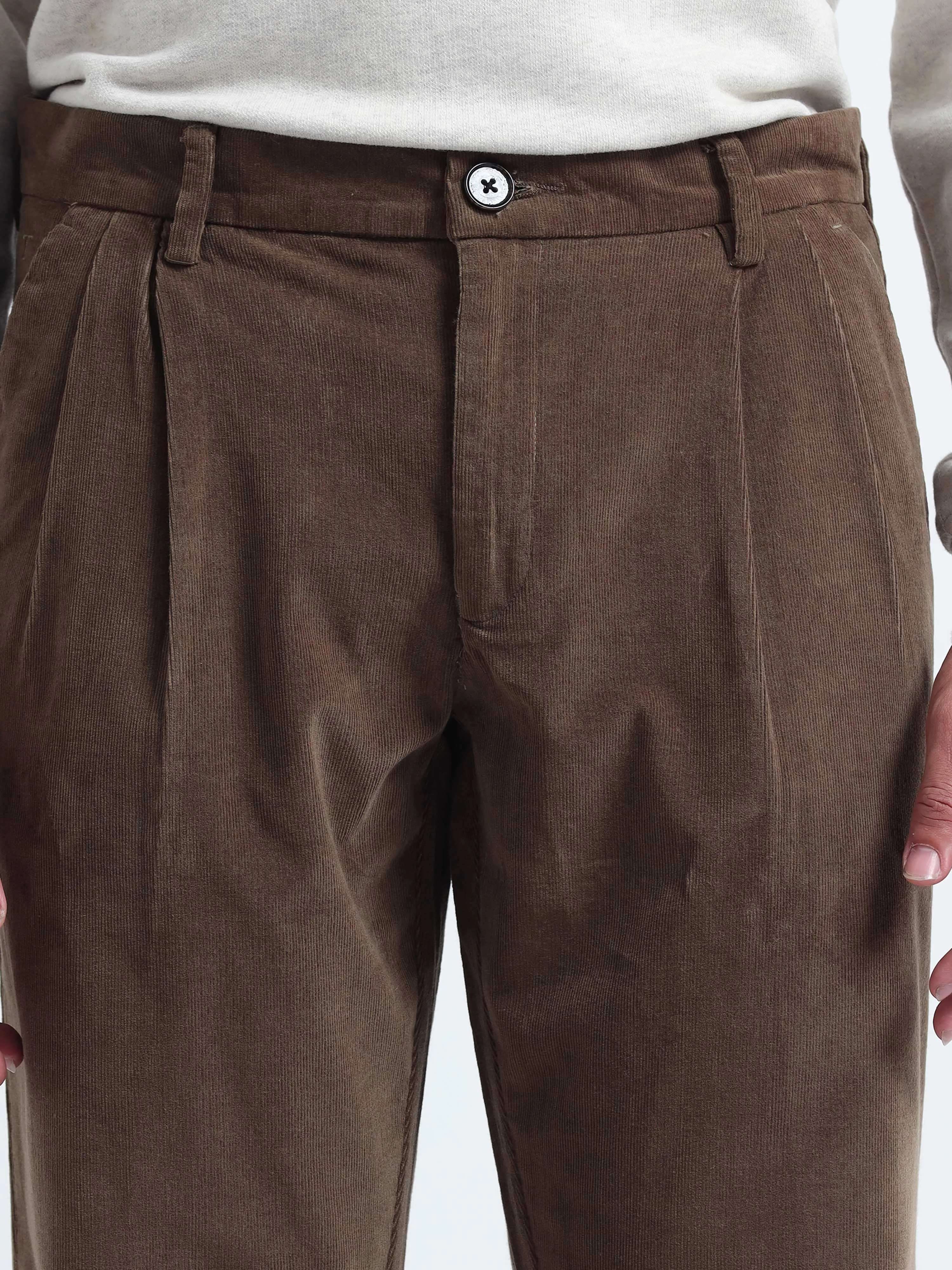 Soft Corduroy Oak Olive Relaxed Pleated Pant