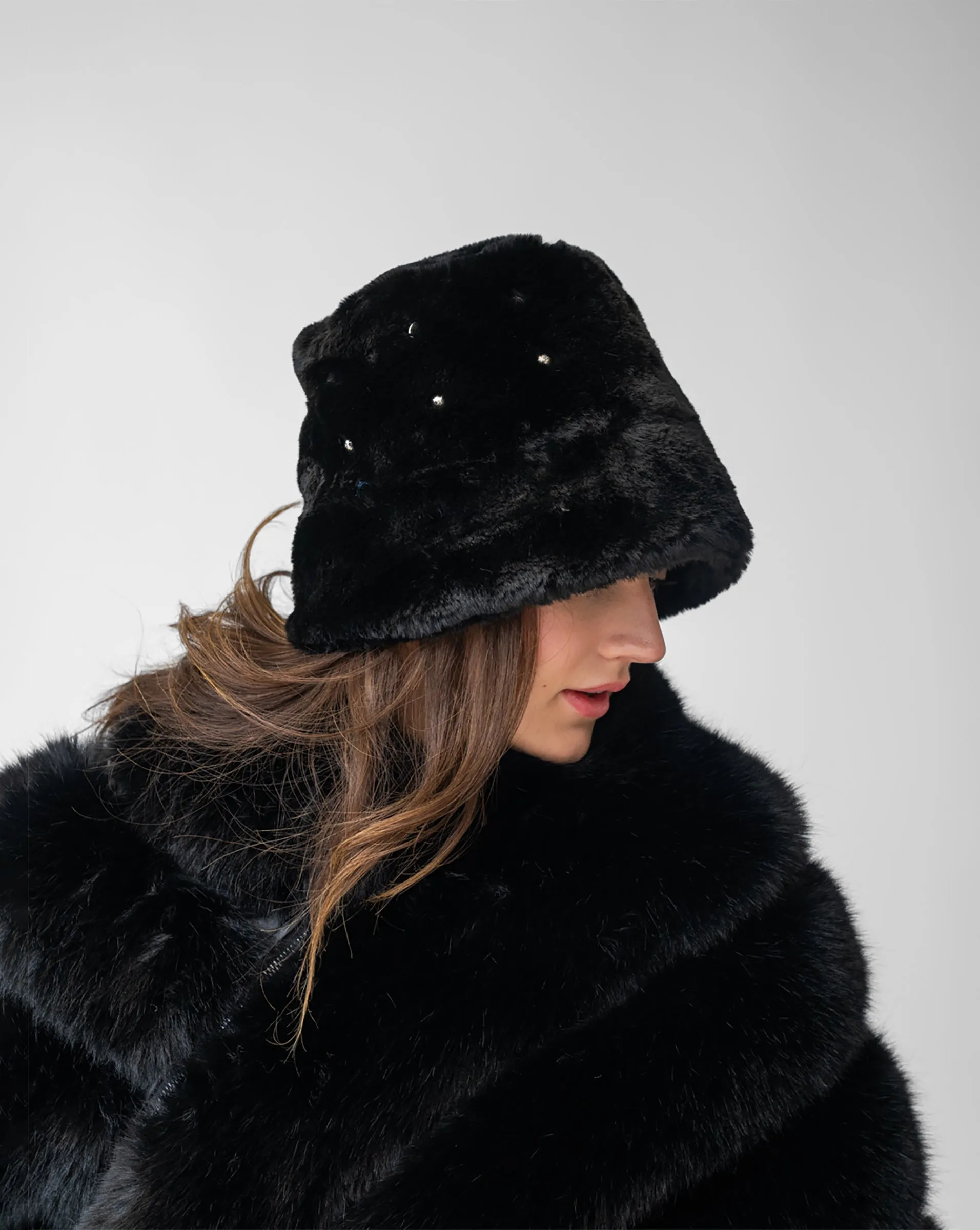 Stud Faux Fur Bucket Hat