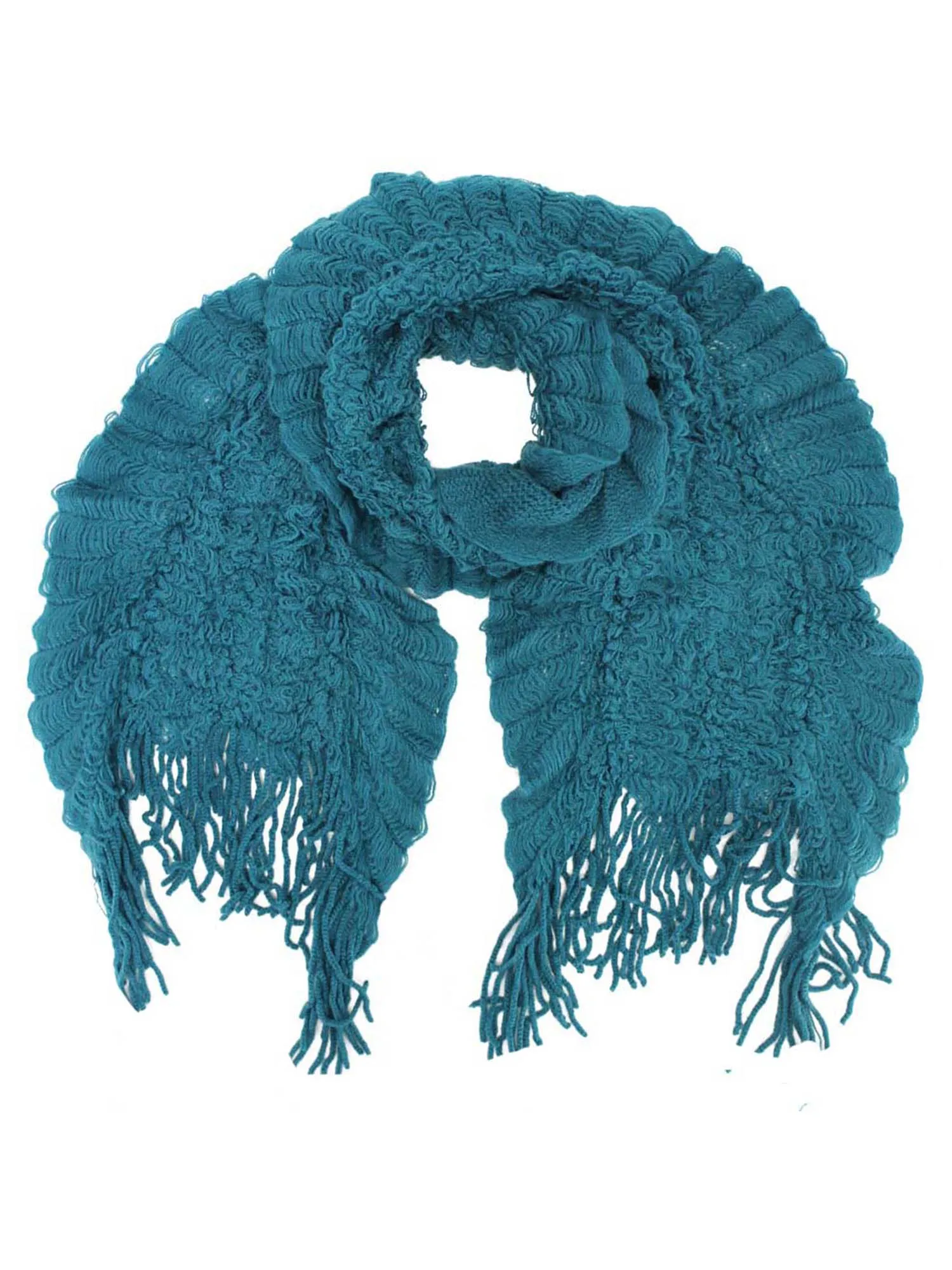 Teal Blue Textured Knit Light Scarf With Fringe