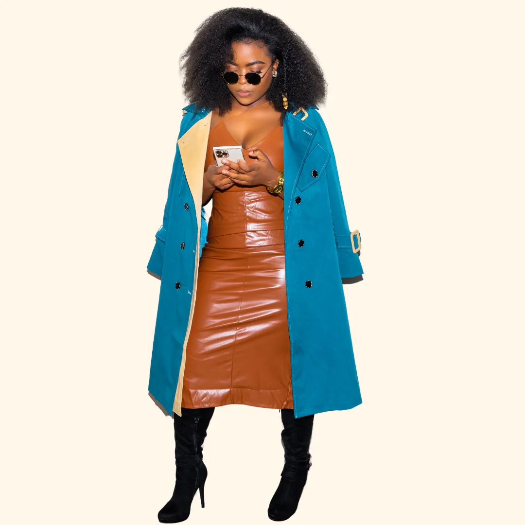 Teal Contrast Lapel Button Trench Coat