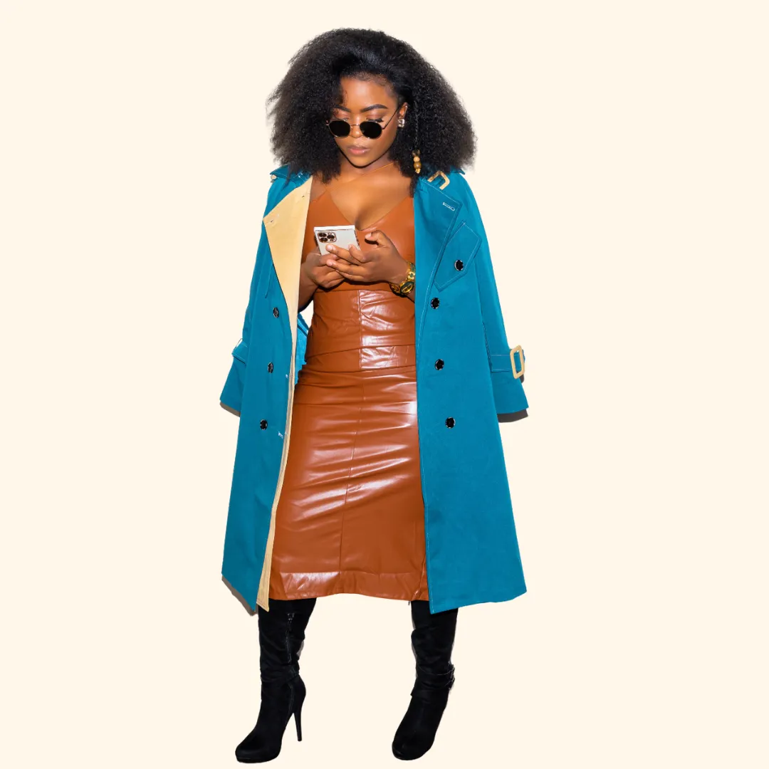 Teal Contrast Lapel Button Trench Coat