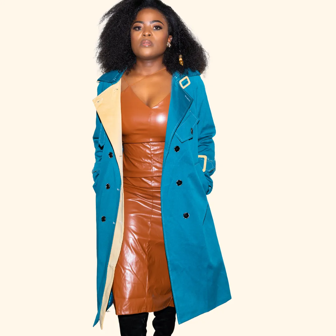 Teal Contrast Lapel Button Trench Coat