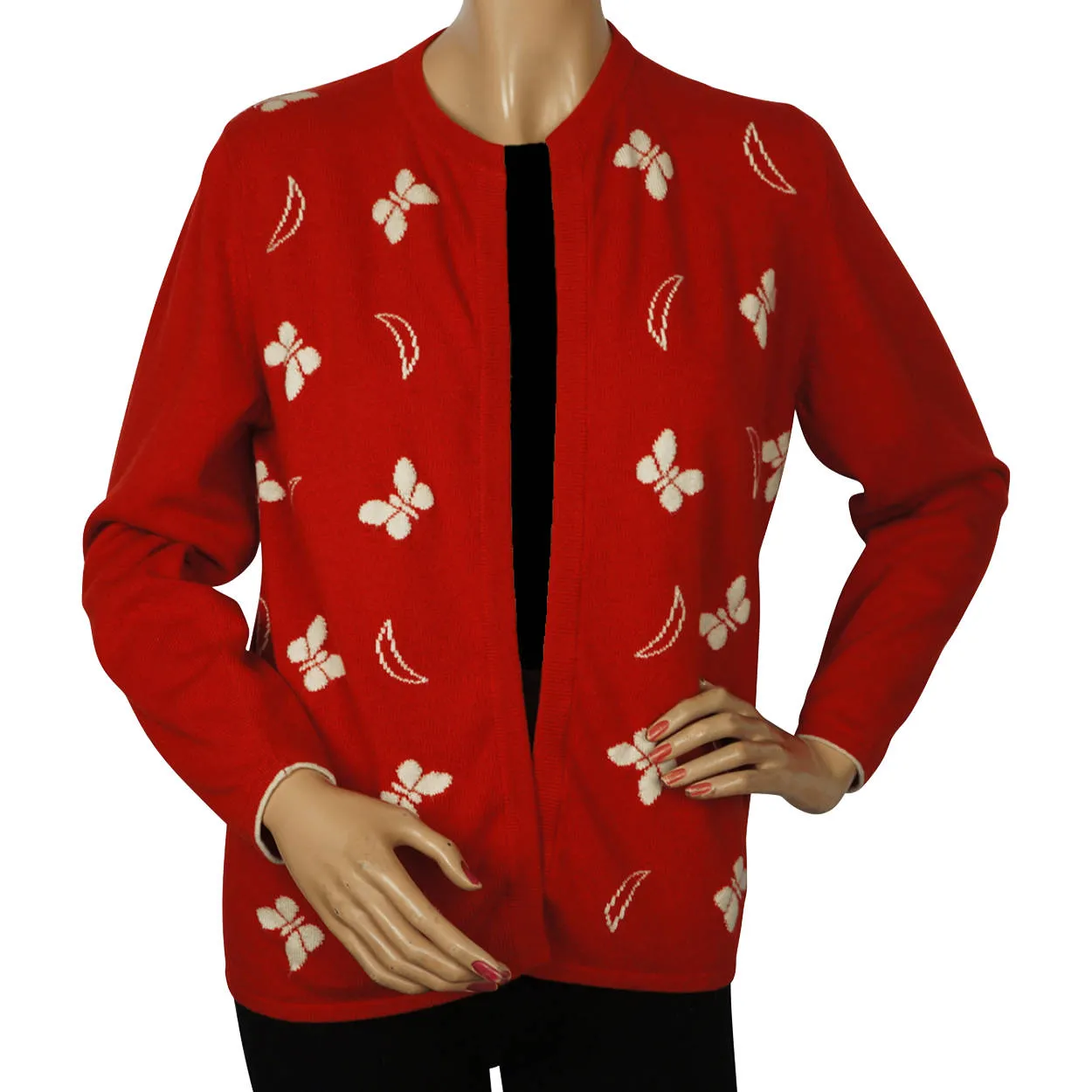 Vintage 1960s Red Scottish Cashmere Sweater with Butterfly Pattern Ladies M