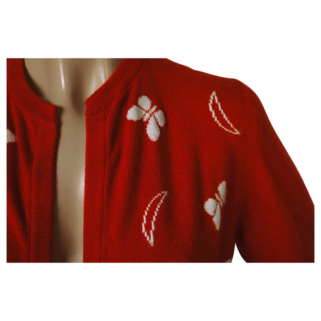 Vintage 1960s Red Scottish Cashmere Sweater with Butterfly Pattern Ladies M