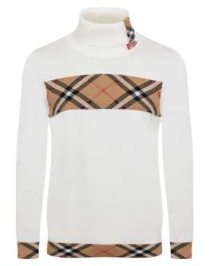 White and Beige Plaid Burb Design Men's Turtleneck Sweater Regular-Fit SW-148