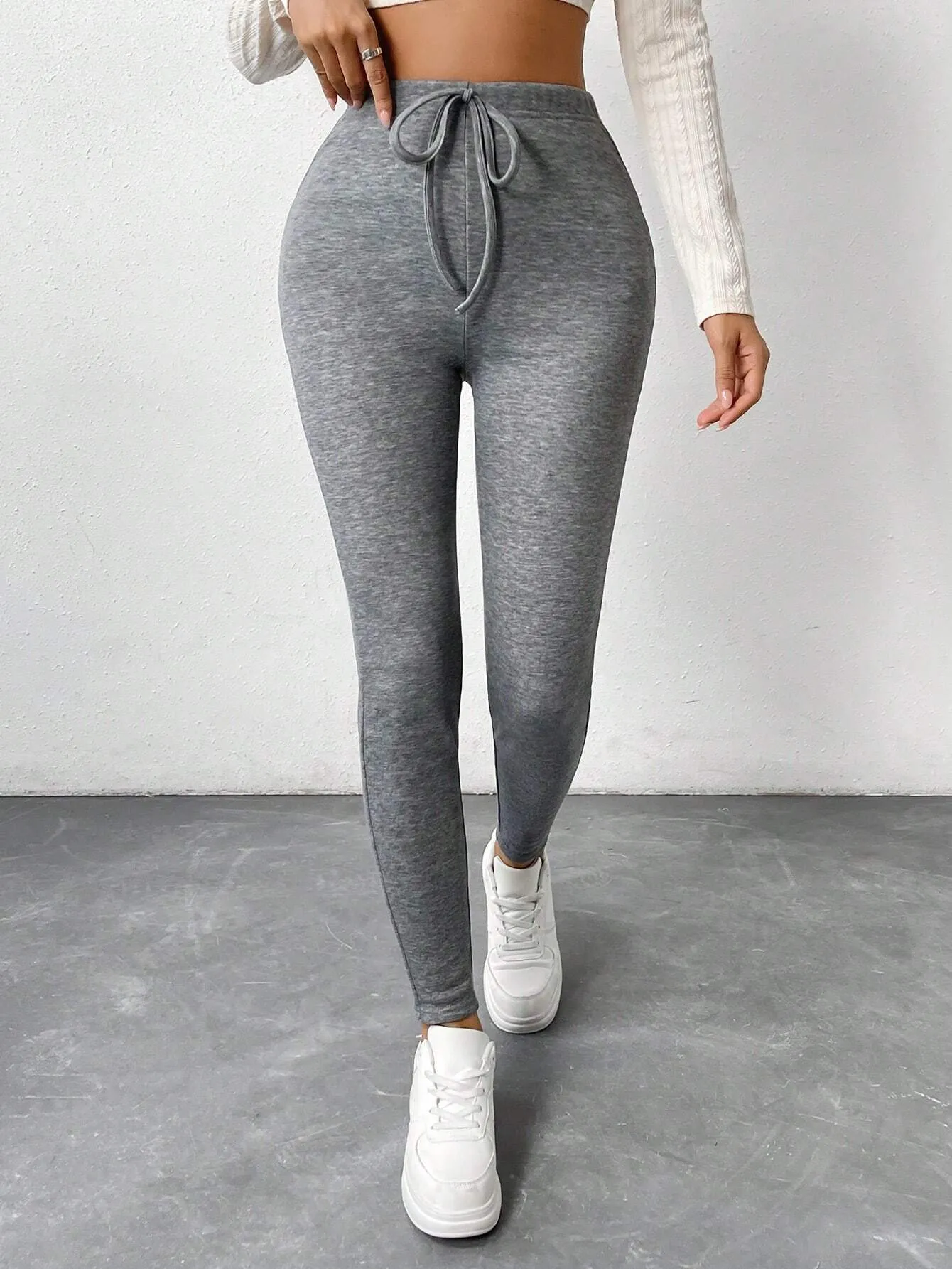 Women Knotted Waist Warm Lined Leggings