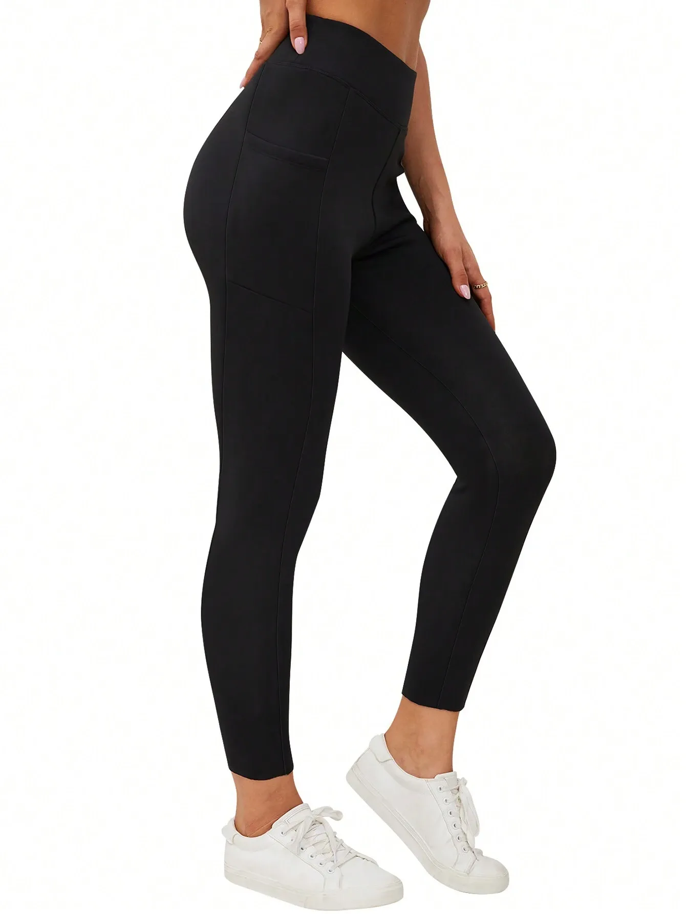 Women Winter Fleece Lined Solid Color Leggings With Pockets