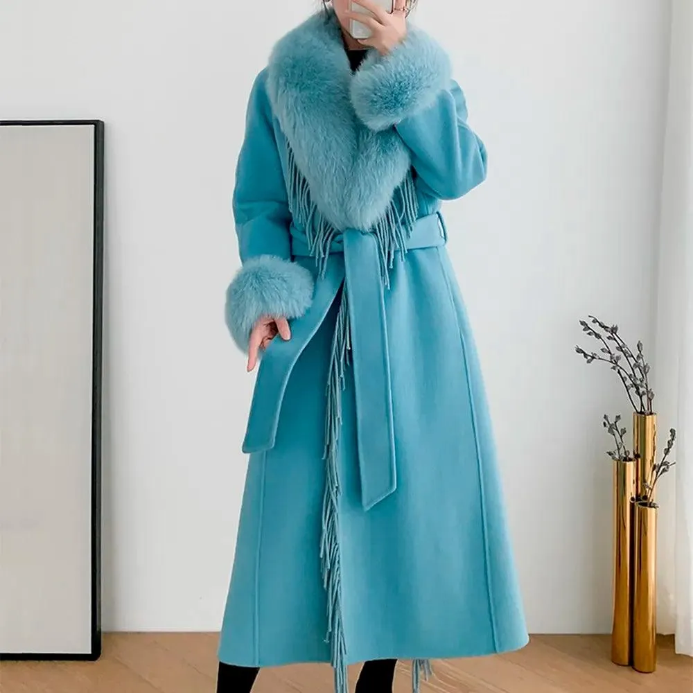 Women's Real Fur Winter Coat - Cashmere Wool Blend Jacket with Fox Fur Collar, Long Tassel Design, Streetwear Outerwear