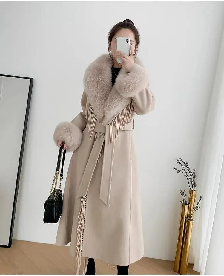 Women's Real Fur Winter Coat - Cashmere Wool Blend Jacket with Fox Fur Collar, Long Tassel Design, Streetwear Outerwear