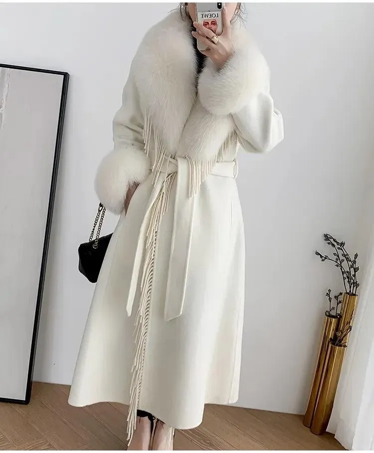 Women's Real Fur Winter Coat - Cashmere Wool Blend Jacket with Fox Fur Collar, Long Tassel Design, Streetwear Outerwear