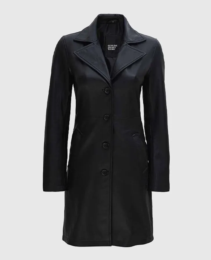 Women's  Real Leather Black Coat